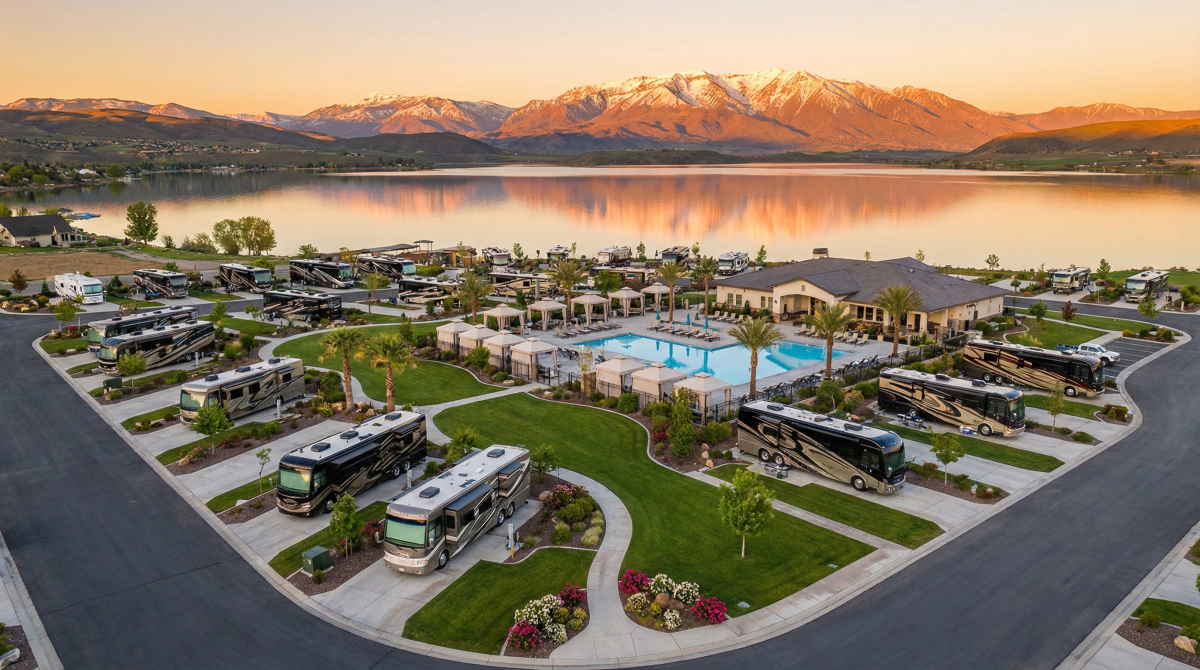 Aerial view of luxury RV resort at golden hour