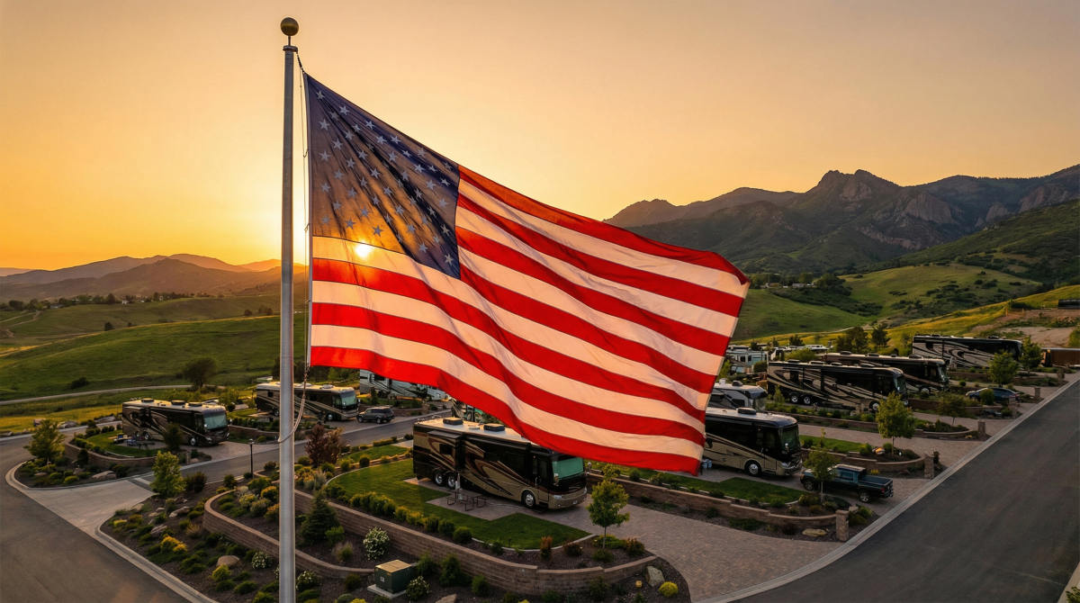 Luxury RV resort with American flag at sunset