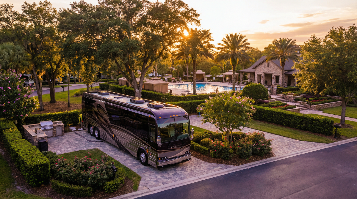 Luxury Class A motorcoach at premium RV resort at golden hour
