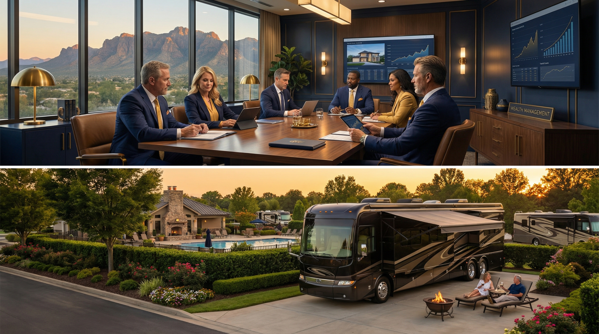 Affluent investors reviewing RV resort investment portfolios in elegant wealth management office